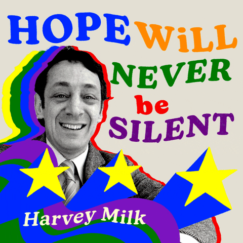 Digital art gif. Black and white image of politician Harvey Milk with rainbow shadows behind him. In blue, orange, green, red, and purple text, letters spell out "Hope will never be silent," a Harvey Milk quote.