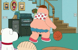 Family Guy gif. Peter bends over to pick up a basketball in comically short shorts, showing his entire backside. Stewie and Brian hold up their hands to block the sight.
