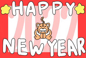 Cartoon gif. A Chibi tiger in the center of the frame pounces close to us as if roaring cheerfully...or perhaps meowing. Text: "Happy New Year."
