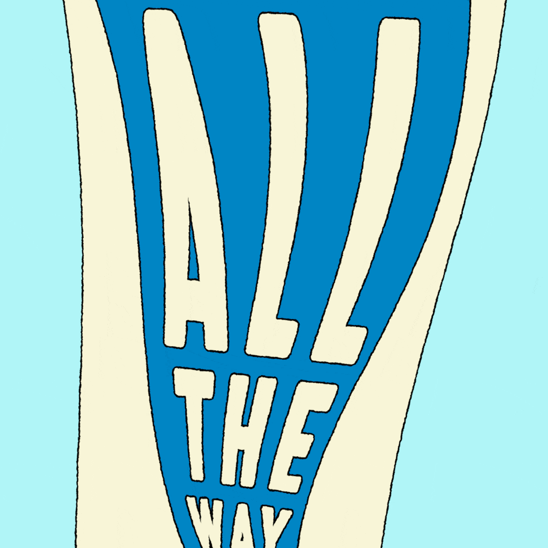 Digital art gif. Sky blue background scrolling down a lengthy ballot with a giant blue arrow with stars that reads, "Vote Democrat, All, the, way, down, the ballot."