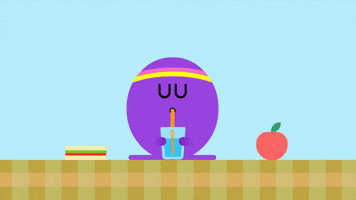 Cartoon gif. A purple egg shaped figure wears a sweatband and sips water from a cup. 