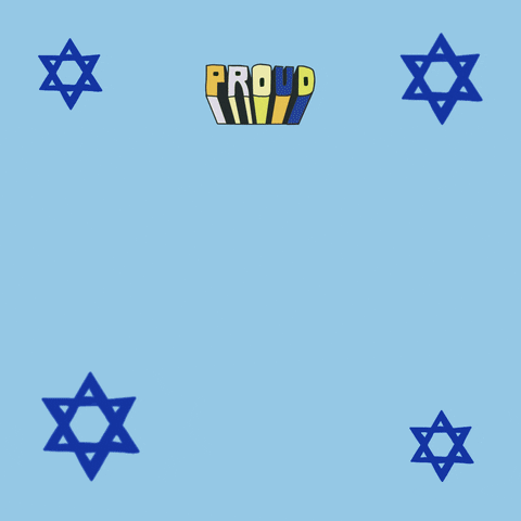 Text gif. 3D block letters in earthy blues and neutrals zoom in heroically, surrounded by stars of David, on a light blue background. Text, "Proud, Jewish, American."