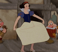 Disney gif. Snow White dancing and twirling her skirt in a cottage with the dwarves, who also dance and play instruments.