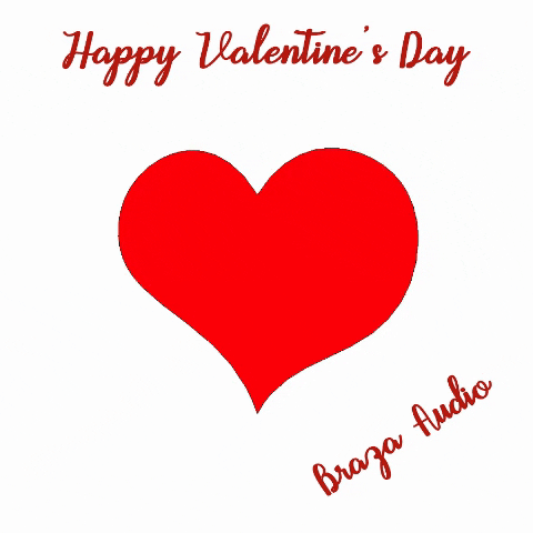 Digital art gif. A large red heart beats against a white background as several black arrows float toward it. The arrows bounce off the heart and fall away beneath the message, “Happy Valentines Day, Braza Audio.”