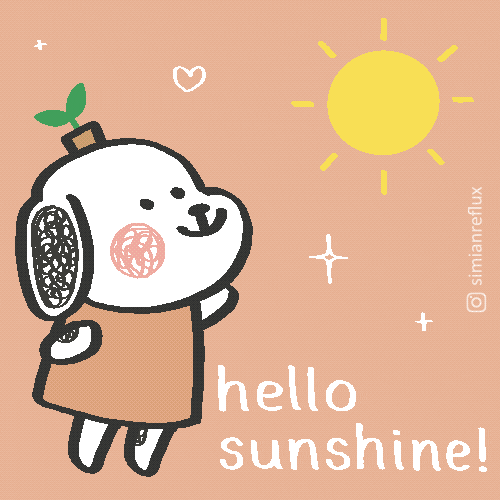 Cartoon gif. A cute little dog standing on her hind legs has a tiny potted plant on her head. She smiles up at the sun while little hearts and twinkles animate around her. Text, "Hello sunshine!"