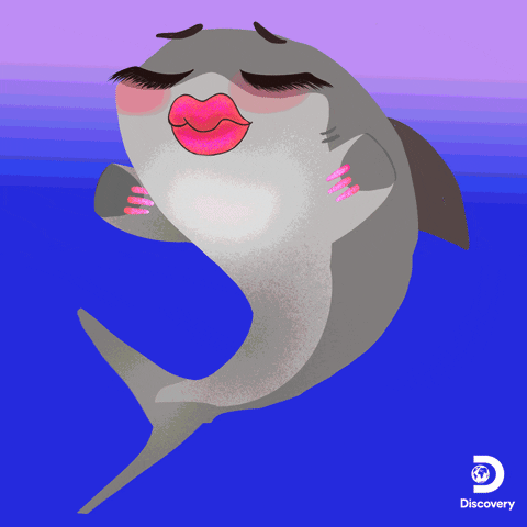 TV gif. An illustration of a shark with plump lips, fake eyelashes and fake nails, blinking slowly. Pink glittery text says, "yass!"