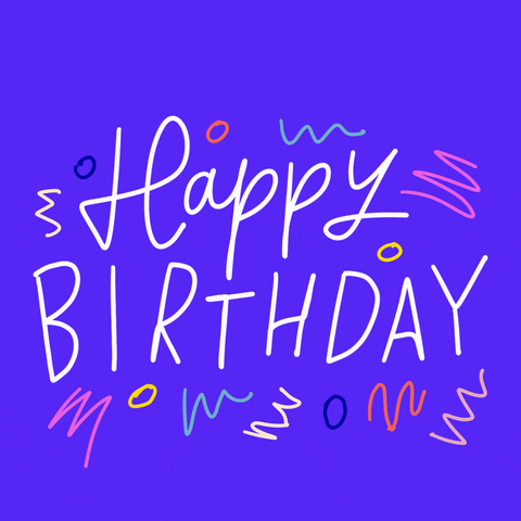 Text gif. The text, "Happy Birthday," is in the middle of the gif while little squiggles and doodles pulse around it. 