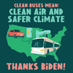 Map with electric vehicles and text reading 'Clean Buses Mean: Clean air and safer climate. Thanks Biden!'