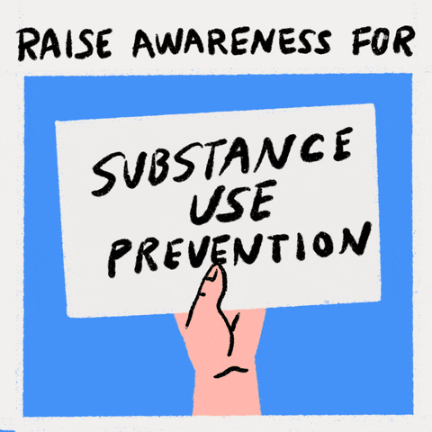Text gif. Polaroid frame with the caption "Raise awareness for" above a rotating series of hands and arms holding protest signs that say "positive mental health," "suicide prevention," "substance use prevention," and "overdose protection."