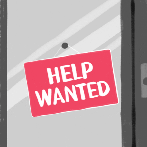 Digital art gif. Pink sign swings on a hook over a glass window background. One side says, “Help wanted.” The sign flips and reads, “Election workers needed in Wisconsin.”