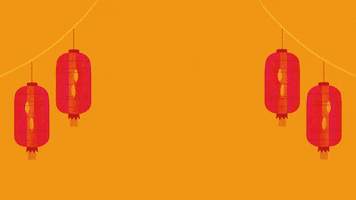 Text gif. Red lanterns hang over a yellow background. Text, "Happy Chap Goh Mei."