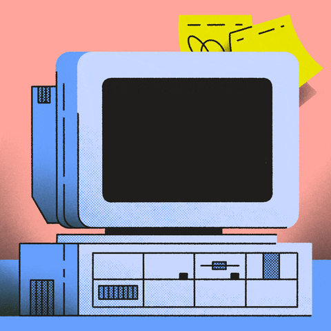 Digital art gif. Blue retro computer rests in front of two post-its stuck to a pink wall. The screen reads, “Get #voterready check your registration.”