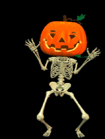 Digital art gif. A skeleton has a Jack O' Lantern for a head and they're moving stiffly, doing an attempted spooky dance.