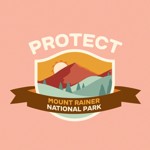 Digital art gif. Inside a shield insignia is a cartoon image of a large, pointed mountain in front of a bright yellow sun. Text above the shield reads, "protect." Text inside a ribbon overlaid over the shield reads, "Mount Rainier National Park," all against a pale pink backdrop.