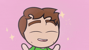 Cartoon gif. Michael Jones from Rooster Teeth appears smitten, with bright, admiring eyes and a shy smile, touching his hands to his cheeks while yellow stars burst around him.
