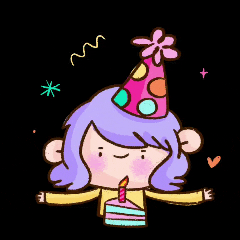 Kreslený gif s postavičkou s fialovými vlasy a narozeninovou čepičkou a kouskem narozeninového dortu se svíčkou.