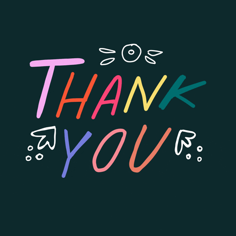 Text gif. The text, "Thank You," wobbles colorfully amidst doodled flora.