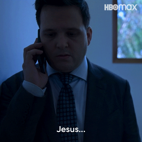 Movie gif. Derek DelGaudio as Bradley Hasling in Kimi holds a phone up to his ear. He has a worried look on his face as he says, “jesus…okay…yep.”