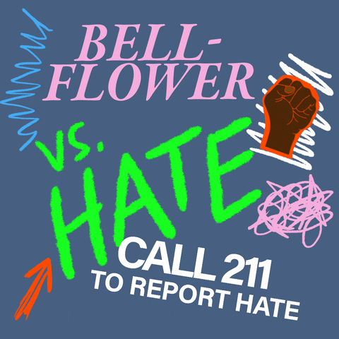 Text gif. Collage of neon fonts, doodles, and graffiti on a slate gray background. Text, "Whittier vs hate," then circled for emphasis, "Call 211 to report hate."