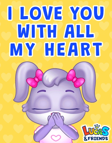 Cartoon gif. Ruby, a purple rabbit with two ponytails and pink bows from Lucas and Friends, blows us a big kiss with both of her hands. A bunch of red hearts emerge as she delivers the kiss. Text reads, "I love you with all my heart."