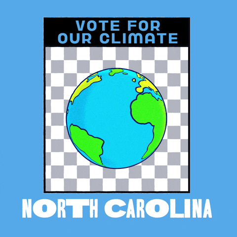 Digital art gif. Earth spins in front of a grey and white checkered background framed in a light blue box. Text, “Vote for the climate. North Carolina.”