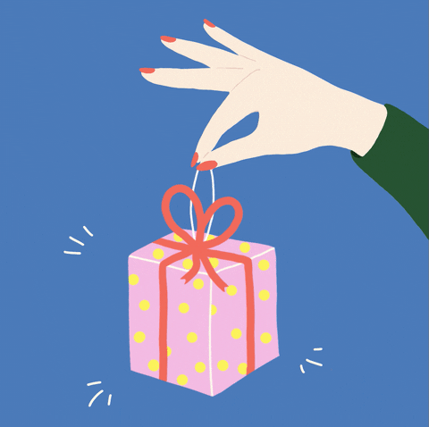 Digital illustration gif. Woman's manicured hand dangles a present from a string with polka-dot wrapping paper and a big red bow. The present swings from side to side like a ticking clock against a blue background.