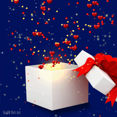 Digital illustration gif. White gift box with the bow-topped lid removed and a glowing light radiating out from inside the box. Dozens of yellow and red hearts and sparkles of all sizes emerge from the box floating up and away through a dark blue background filled with more sparkles. 