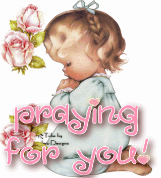 Digital art gif. An illustration of a young blonde haired girls kneels with her head bowed and hands in prayer. Sparkling pink roses glisten near her head. Text, "Praying for you!"