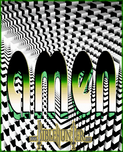 Digital art gif. Green dimensional text says "amen," against a dizzying spiral background composed of blocks. Additional text, "WWW dot Bible Hunter dot com."