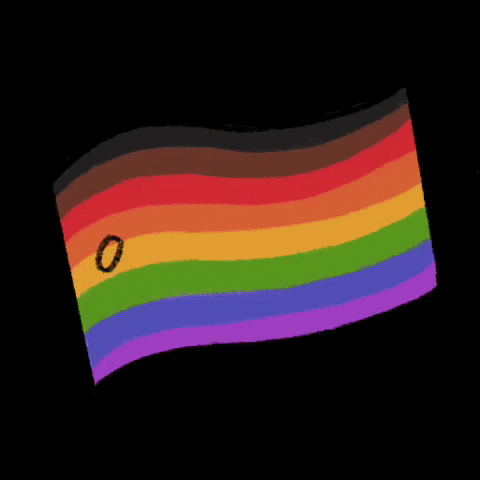 Illustrated gif. The 2017 Philadelphia pride flag that includes the rainbow stripes as well as brown and black. The long drawn-out text, “gay” appears like it’s being written on it, and sparkles glisten around the Text, 
