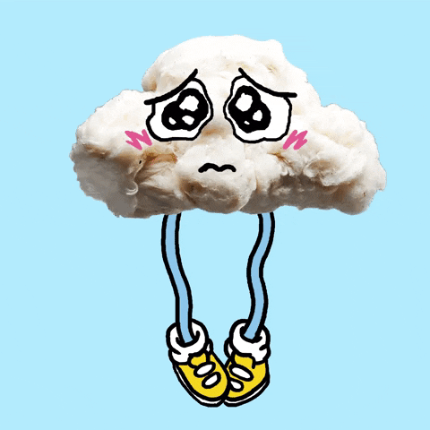 Digital art gif. Sad, teary eyed cloud is standing with their legs bowed and they look incredibly nervous and anxious. Their lip is wavering and they're on the verge of breaking down into tears.