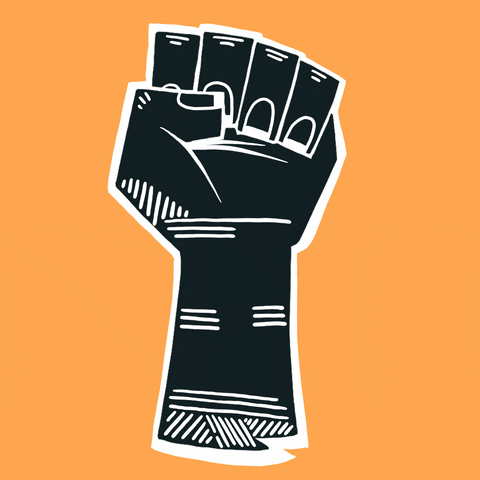 Text gif. Raised fist with the words "Rest in power" against an orange background.