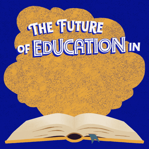 Digital art gif. Yellow cloud hovers over an open book against a bright blue background. Text, “The future of education in Michigan is on the ballot.”