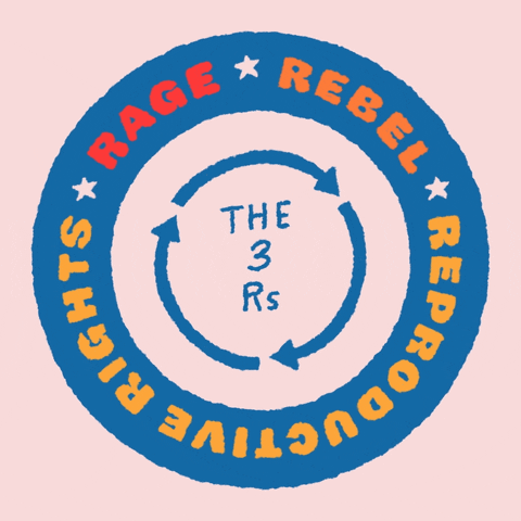 Digital art gif. Circle of blue arrows labeled “The 3 Rs” spins over a beige background as the words “Rage, Rebel, Reproductive Rights” spin in colorful font inside a blue wheel.