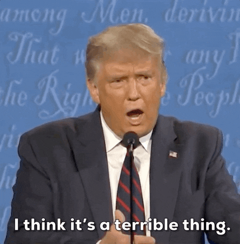 Political gif. Donald Trump behind a microphone frowning and saying "I think it's a terrible thing."