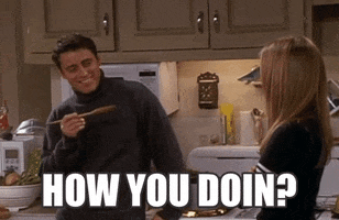 Friends gif. Matt Leblanc as Joey leans back on the kitchen counter with a wooden spoon in his hand. He looks over at Jennifer Aniston as Rachel who stands with crossed arms. He nods his head and smiles flirtatiously as he says, “How you Doin?”