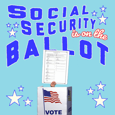 Digital art gif. Wavy blue font on a baby blue background above a ballot raising out of a voting booth surrounded by stars. Text, "Social Security is on the ballot."