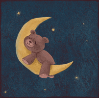 Illustrated gif. A teddy bear sleeping peacefully on a rocking crescent moon.