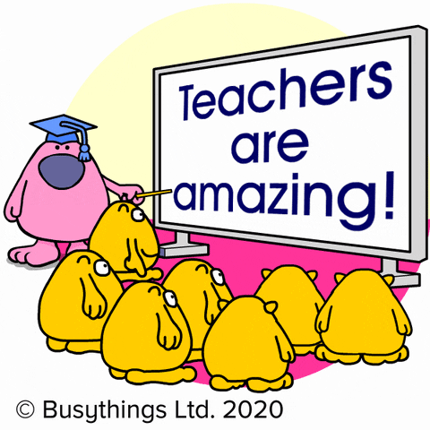 Animovaný gif se třídou žlutých postaviček – studentů a učitelem s tabulí s nápisem "teachers are amazing". 