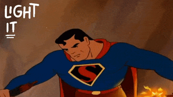 Cartoon gif. Superman pulls two sparking electrical cables together. The number 2022 appears in the cascade of sparks as they connect. Text, "Light it up!"