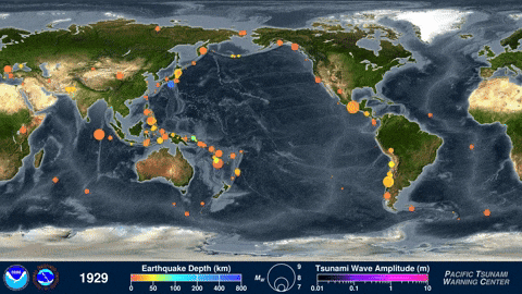 An animated GIF depicting seismic waves propagating across a map, symbolizing earthquake and tsunami activity.