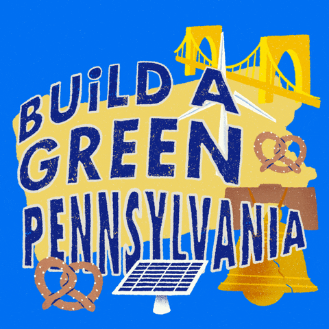 Digital art gif. Yellow shape of Pennsylvania dances with the Liberty Bell, the Roberto Clemente Bridge, two pretzels, a whirling windmill, and a solar panel against a light blue background. Text, “Build a green Pennsylvania.”