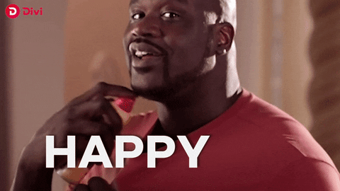 Celebrity gif. Shaquille O'Neal sprays deodorant under his shirt collar, purses his lips playfully, and wiggles his shoulders in a little dance while looking at us. Divi project logos fall around him. Text reads, "Happy hump day."