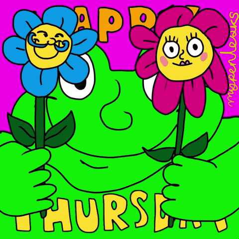 Cartoon gif. A happy human/frog hybrid covers their face with two smiling daisies: a blue one with a curly moustache, and a pink one with lipstick, blush, and pronounced eyelashes. Text, "Happy Thursday."
