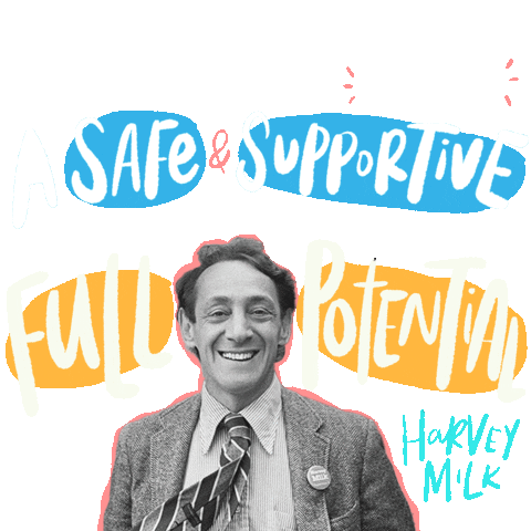 Digital art gif. Black-and-white image of Harvey Milk against a pink outline, surrounded by the text of a Harvey Milk quote that says, "All young people, regardless of sexual orientation or identity, deserve a safe and supportive environment in which to achieve full potential."