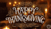 Text gif. Against a short video of softly flickering candles sit the words "Happy Thanksgiving" in an ornate font, surrounded by fall-themed flourishes of oak leaves and acorns.