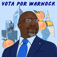 Digital art gif. Senator Raphael Warnock backed by the Atlanta skyline, the Georgia state capitol building, a raised fist of solidarity, and watercolor peaches, all on baby blue. Dark blue marker text above, in Spanish, "Vota por Warnock."