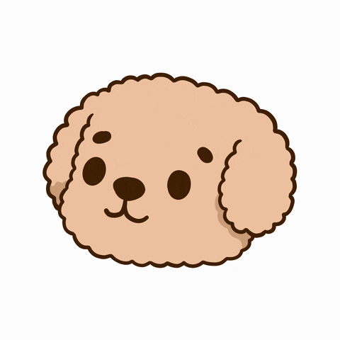 Kawaii gif. Head of a curly haired dog winks at us with a twinkle.