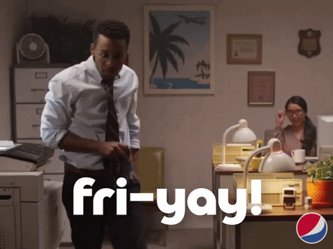 Ad gif. A man next to an office printer dances with a can of Pepsi in his hand. A woman at an office desk shimmies in her chair and watches him. Text, "Fri-yay." 