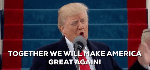 Political gif. Donald Trump giving a speech during his inauguration. He says, "Together, we will make America great again," emphasizing each word with a point of his finger.